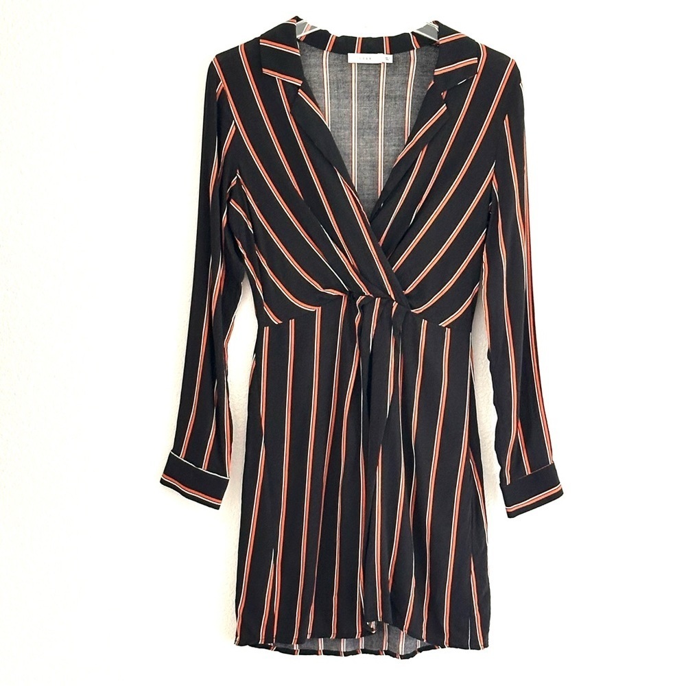 Lush Black and Orange Striped Surplice Long Sleeve Dress